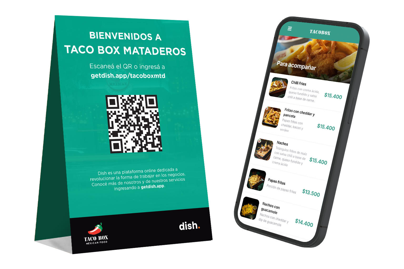 Cartel con QR de mesa y el menú digital de Dish en un celular
